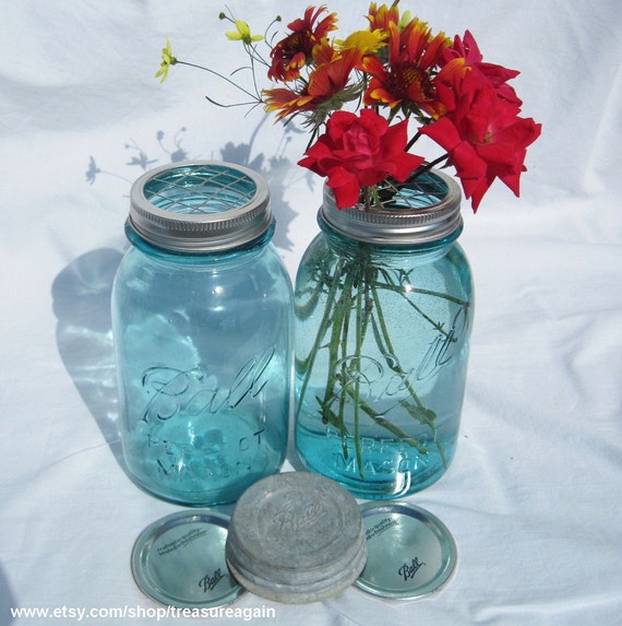 Mason Jar Vase Flower Frog Lid Antique Blue Mason Jars Ball Zinc Lid 